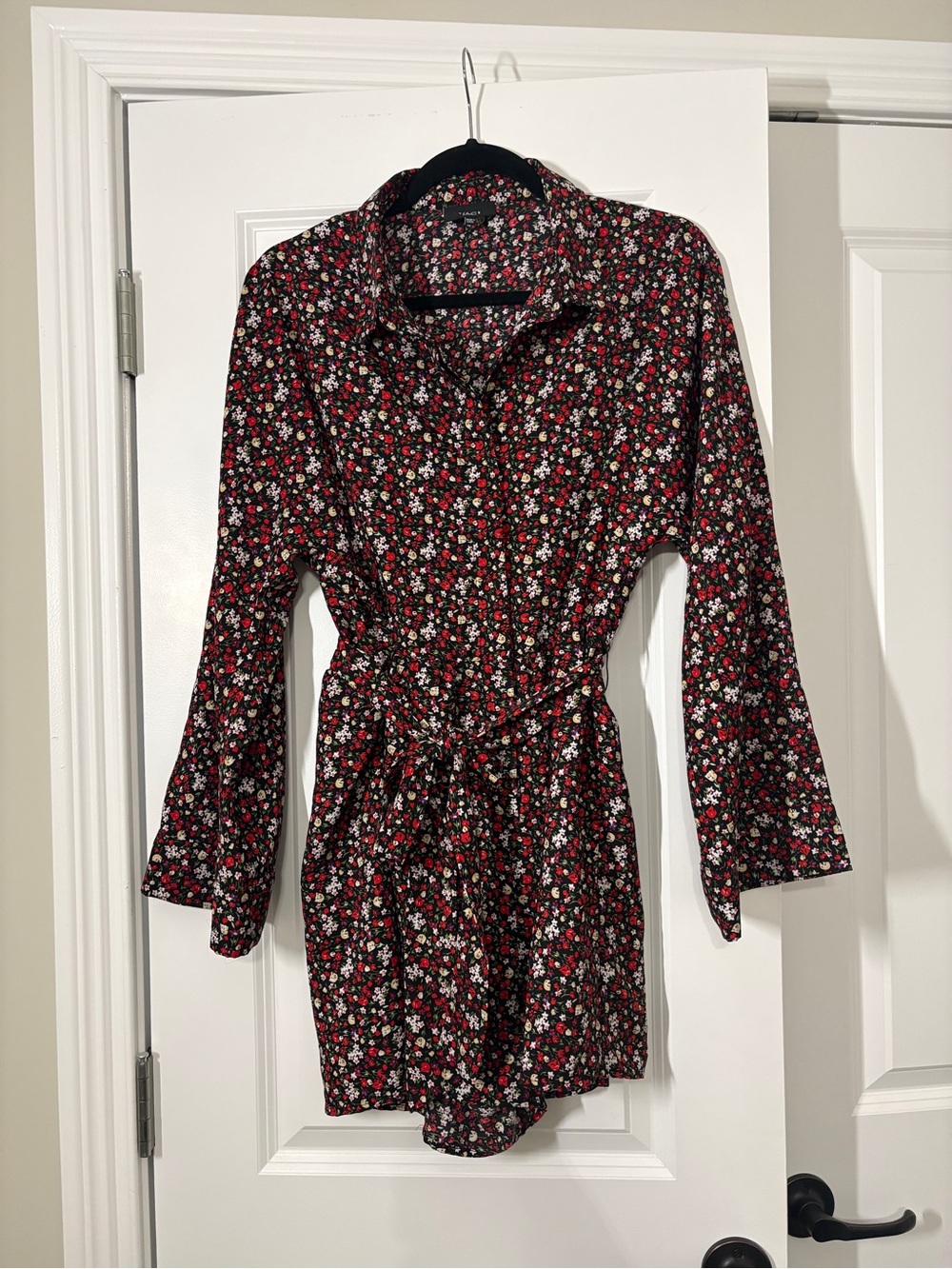Vici Black Floral Belted Long Sleeve Shirt Romper